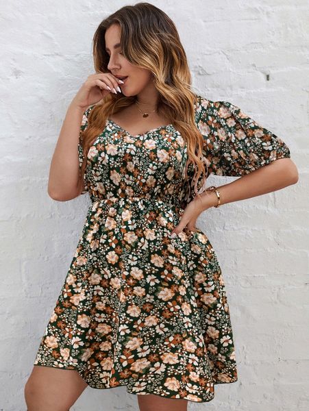 

plus floral print puff sleeve dress c6kg#, Black