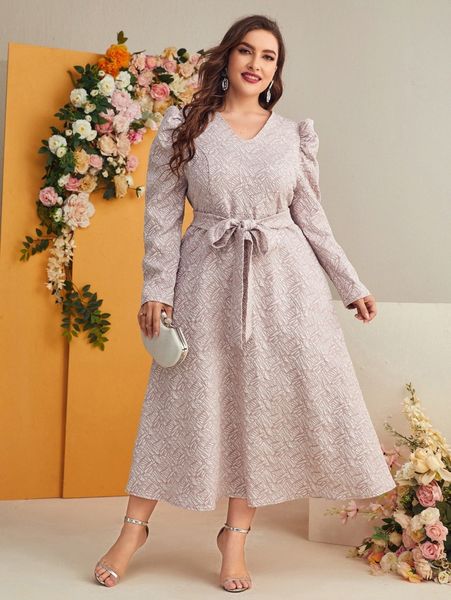 

plus puff sleeve self belted allover dress p1m1#, Black