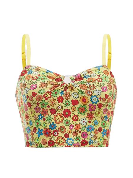 

plus floral print crop cami x8ke#, Black