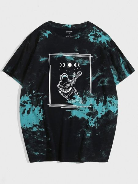 

men tie dye frog & moon print tee 799d#, White;black