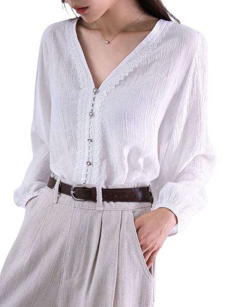 

dazy-less ruffle trim button front blouse t5ao#, White