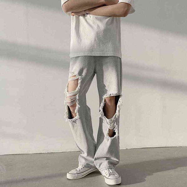 

baggy jeans hip hop men's ripeed jeans casual denim wide pants teenager straight fashion clothing trousers for men t220803, Blue