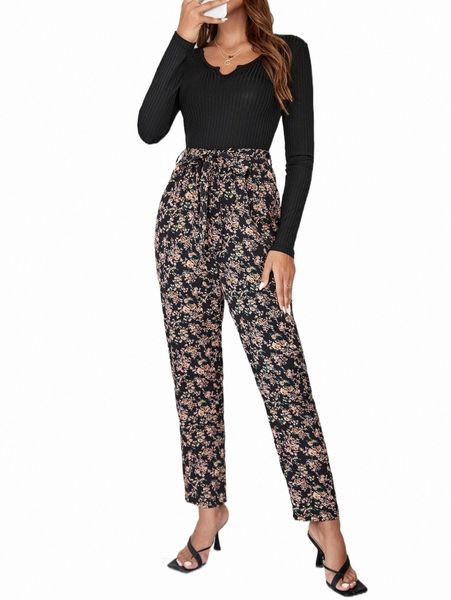 

floral print notched neck belted jumpsuit x9mo#, Black;white