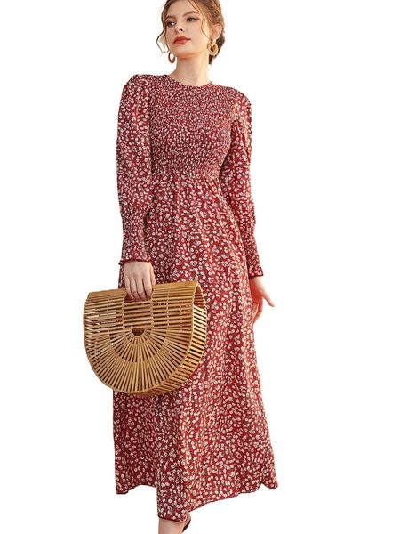 

ditsy floral puff sleeve shirred a-line dress p7o8#, Black;gray