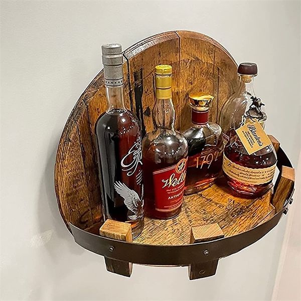 Likörflaschen-Display, Bourbon-Whiskey-Fass-Regal, Wandmontage, Vintage, rundes Weinregal, Familien-Küchen-Bar-Regal, Dekoration 220810