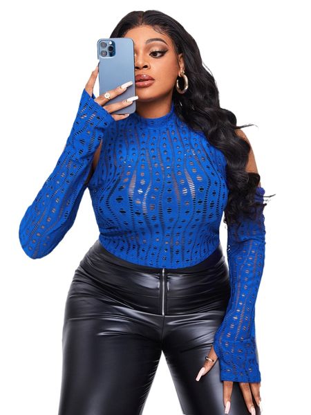 

sxy plus hollow out cold shoulder thumb holes j0wu#, Black