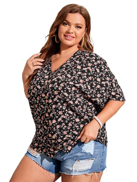 

plus ditsy floral print batwing sleeve blouse v1og#, Black