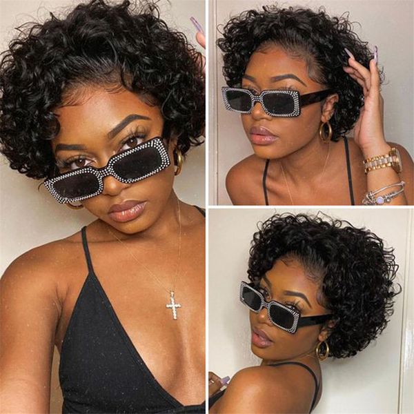 

pixie cut wig short bob curly 13x1 transparent front lace wig for women deep wave human hair wigs, Black;brown