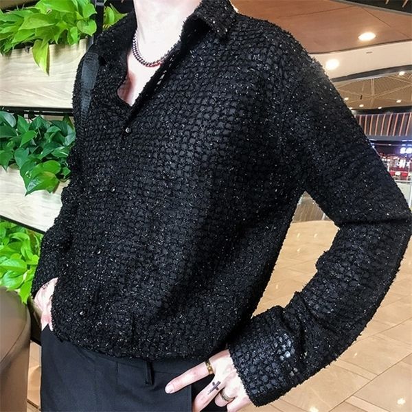 Vintage Fashion Black White Dress Shirt Uomo Hollow Mesh Lace Manica lunga da uomo Allentato Casual s Streetwear maschile 220322