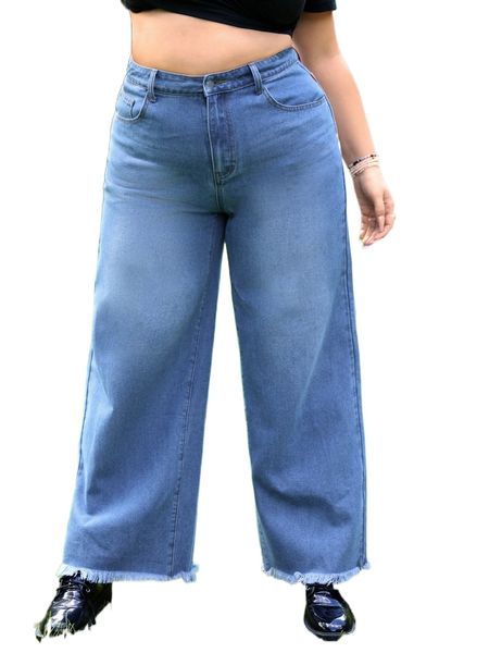 

plus high waist raw hem wide leg jeans n5ii#, Blue
