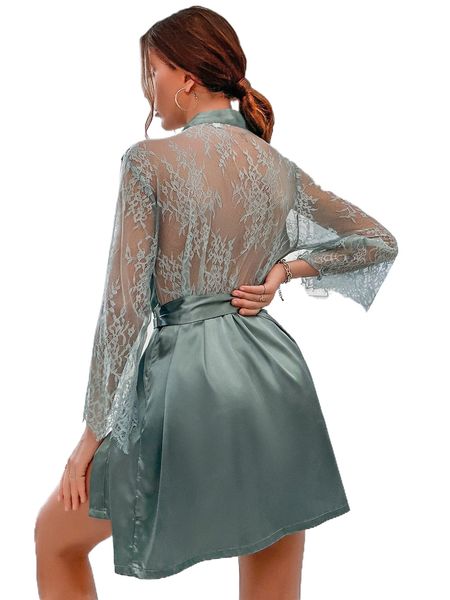 

eyelash lace panel belted satin robe e7cv#, Black;red