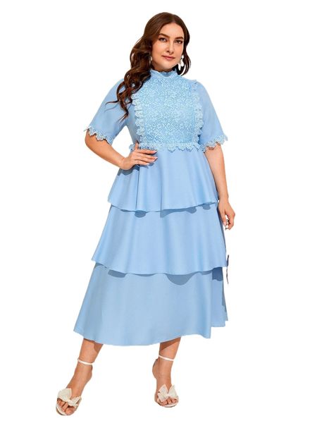 

plus lace insert mock neck layered hem dress a2wp#, Black