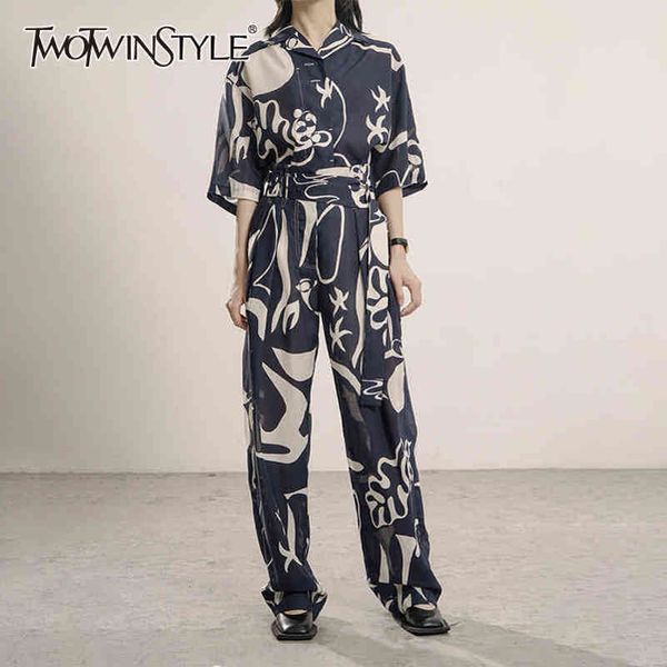 

vintage print two piece set for women lapel short sleeve wide leg pants hit color casual sets female fashion 210423, White