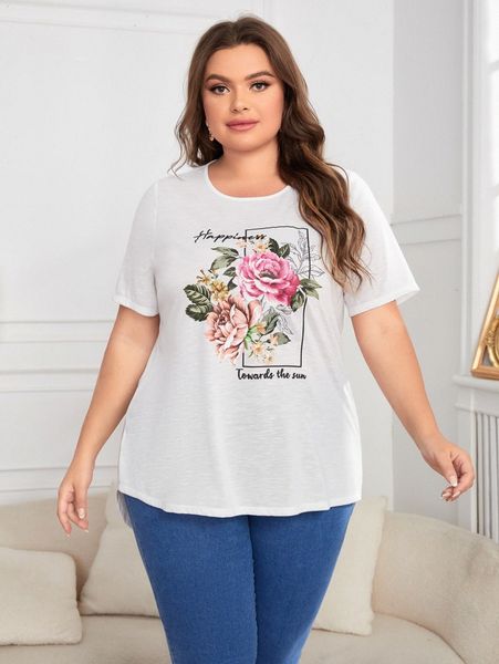 

plus floral & letter graphic high low hem tee m71s#, Black