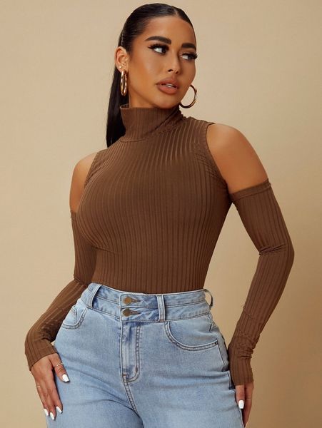 

sxy cold shoulder mock neck tee 64l1#, White