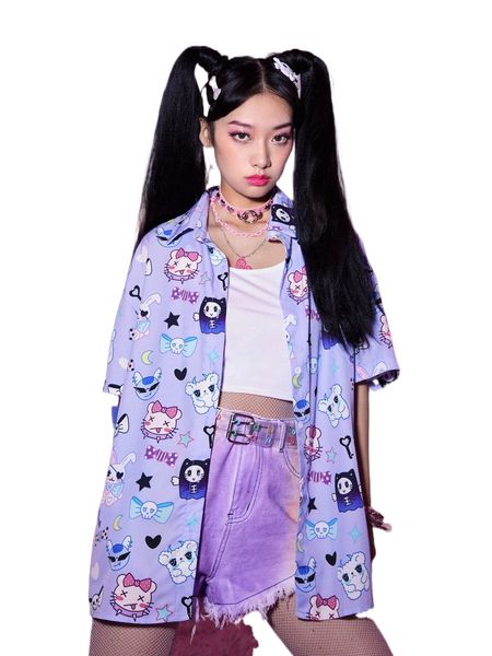 

romwe anime cartoon graphic button front blouse x1nc#, White