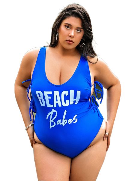 

plus letter graphic tie side one piece swimsuit l1km#, White;black