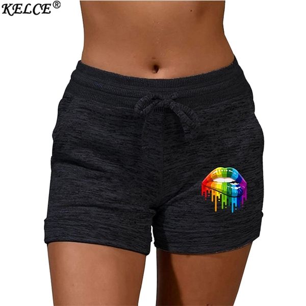 

women summer fashion shorts kiss lip print casual sportswear female oversize drawstring skinny fitness bodybuilding sweatpants 220705, White;black