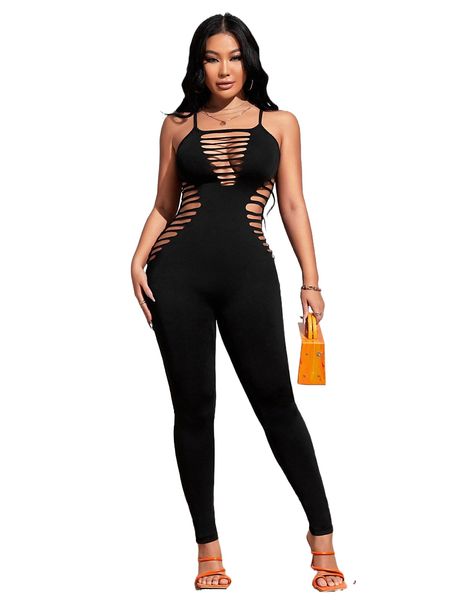

sxy ladder cut out crisscross back cami unitard jumpsuit i3ph#, Black;white