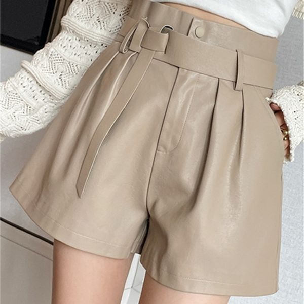 

realeft autumn winter womens faux pu leather shorts with belted high waist ladies elegant short trousers pocket female 220611, White;black