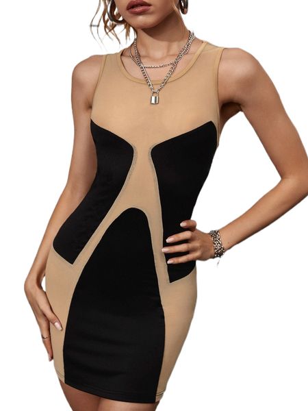 

two tone mesh insert tank dress y7gz#, Black;gray