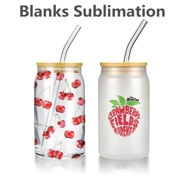 

16oz sublimation glass beer mugs with bamboo lid straw tumblers diy blanks frosted clear can shaped cups heat transfer cocktail iced coffee