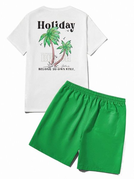 

men coconut tree & slogan graphic tee & drawstring waist shorts e8ad#, Gray