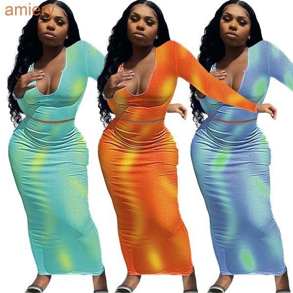 

women's skirt set u-neck autumn winter long sleeve tie dyed skirt two piece dress suits ladies, White