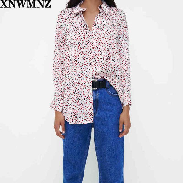 

xnwmnz za fashion women heart print shirt ladies elegant long sleeve buttoned cuffs oversize with collar blouse lady 210513, White