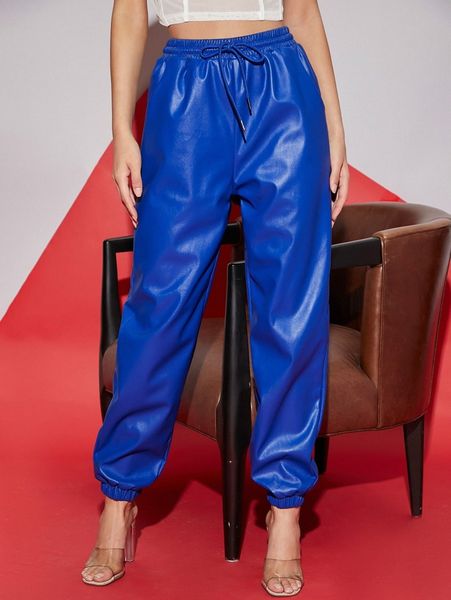 

drawstring waist solid pu leather pants 82qy#, Black;white