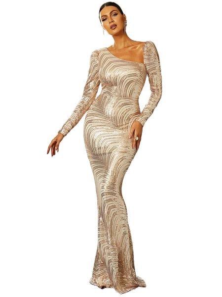 

missord asymmetrical neck mermaid hem contrast sequin formal dress j4b9#, Black;gray