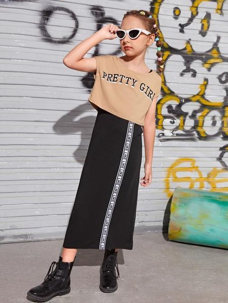 

girls letter graphic batwing sleeve & contrast tape dress she, White