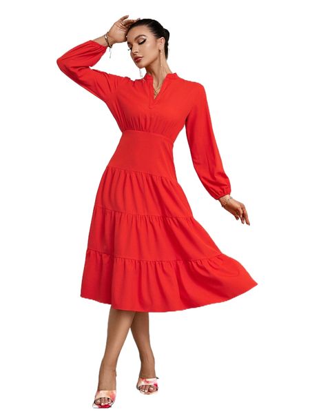 

notched neck keyhole back layered hem dress p8qx#, Black;gray