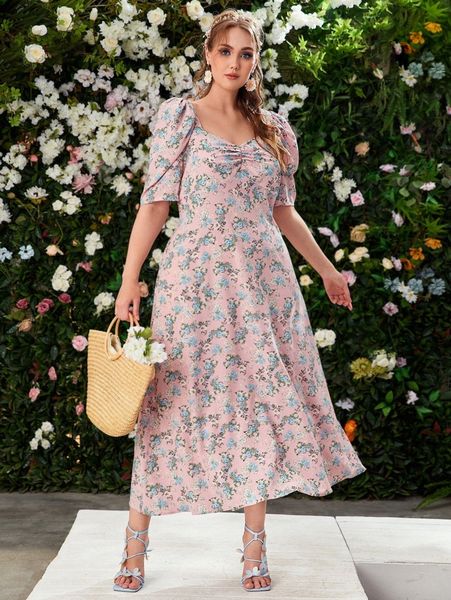 

plus a-line allover floral print ruched bust dress 73xv#, Black