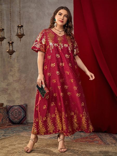 

plus golden dot & floral print flutter sleeve tunic dress n4bh#, Black