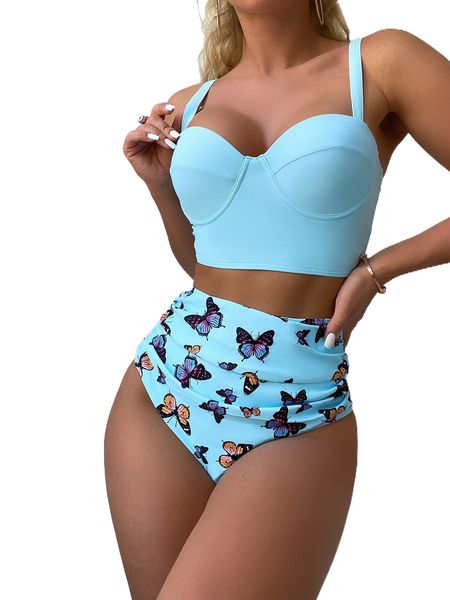 

butterfly print ruched push up bikini swimsuit c4mg#, White;black