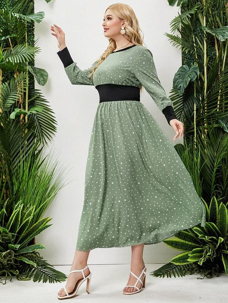 

plus dalmatian print colorblock a-line dress g939#, Black