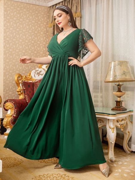 

plus contrast lace flutter sleeve overlap collar slit thigh dress r73f#, Black