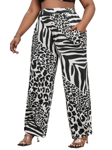 

sxy plus leopard & zebra striped print pants d7ra#, Black