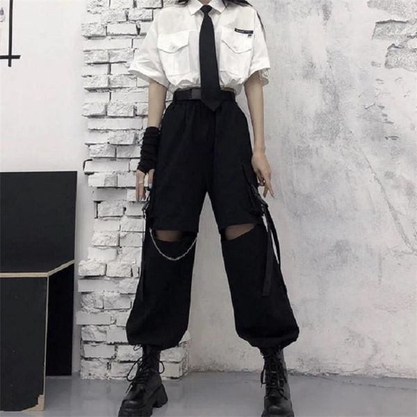 

autumn fashion cargo pant gothic punk black wide leg lady korean street wear casual trousers 220325, Black;white