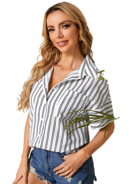 

striped patched pocket drop shoulder blouse u8rd#, White