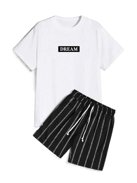 

men letter graphic tee & striped drawstring waist shorts 14qd#, Gray
