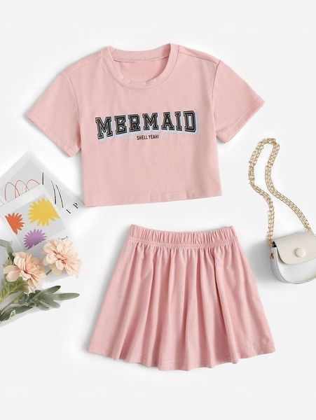 

toddler girls letter graphic & skirt set she, White