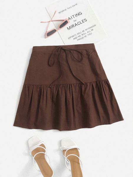 

tie waist ruffle hem skirt y6uy#, Black