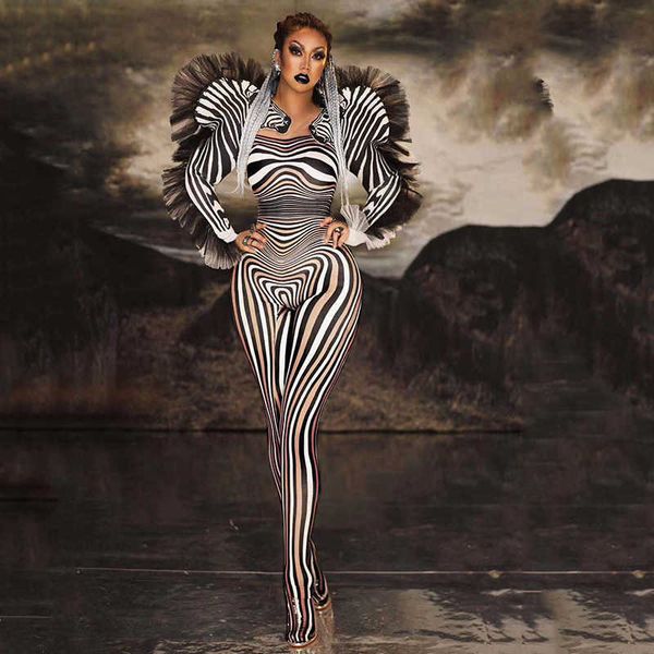 

new fashion zebra pattern jumpsuit women singer stage outfit bar ds dance cosplay bodysuit performance show costume, Black;white