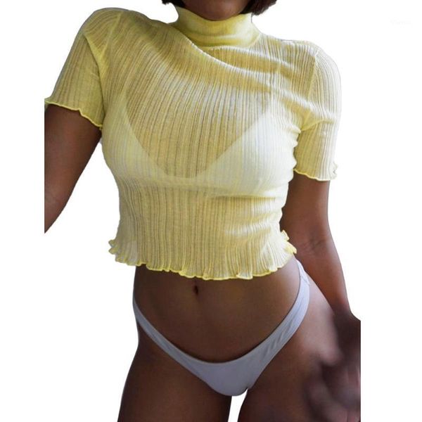 T-shirt das mulheres Sexy Verão Mulheres See-through Cover Ups Manga Curta Sólida Ruffled Crop Tops Alta Turtleneck T-shirts Tee Beachwear