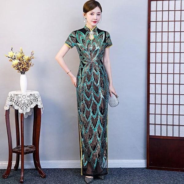 Abbigliamento etnico Donna Retro Elegante Paillettes Forchetta lunga Cheongsam Sexy Fashion Stage Show Party Dress Qipao tradizionale cinese Plus Size 5XL