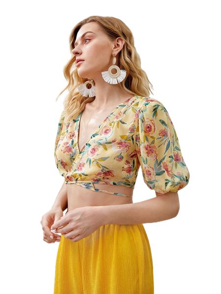 

floral print puff sleeve tie back crop blouse h7wh#, White
