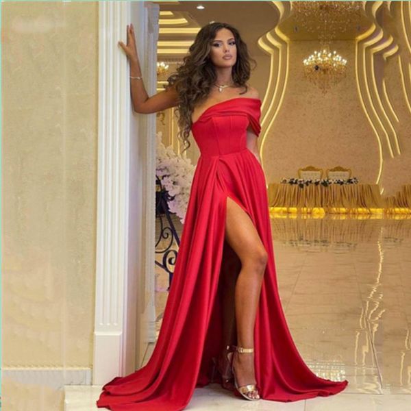 

red one shoulder prom gown split prom dresses women formal party night dress vestidos de gala satin simple evening gowns, Black