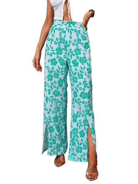 

floral print split hem pants f0jl#, Black;white